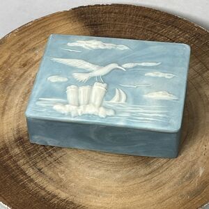 Vintage Blue Incolay Jewelry Trinket Box Seagulls Ocean Beach Birds 5.5”x4”